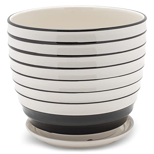 Napco Striped White & Black Ribbed 6.5 Inch Ceramic Flower Pot Planter with Saucer, 6.5x5&