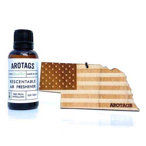 Arotags Nebraska Patriot Wooden Car Air Freshener - Long Lasting Beach Bum Scent Diffuses for 365+ Days - Includes Hanging Mirror Diffuser and Fragrance Oil - 100% American Made
