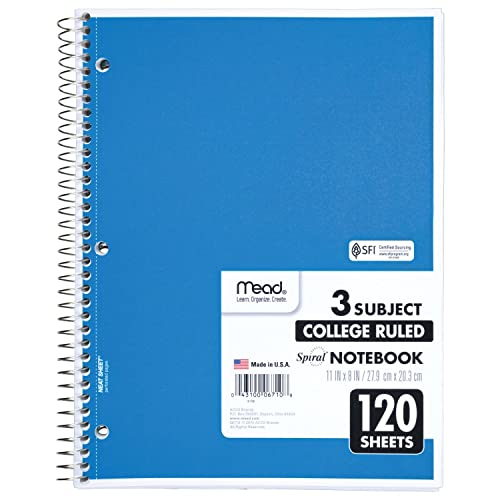 ACCO (School) Mead Spiral Notebook, 3 Subject, College Ruled Paper, 120 Sheets, 11" x 8", Color Selected For You, 1 Count (06710)
