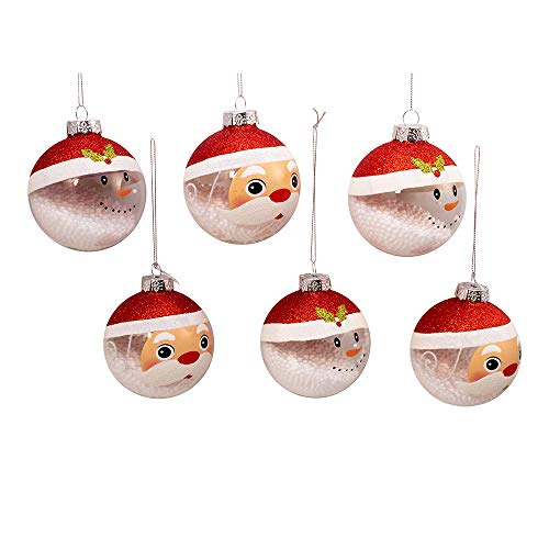 Kurt Adler Kurt S. Adler 80MM Clear and White Santa and Snowman Glass Ball, 6 Piece Box Ornament, Multi