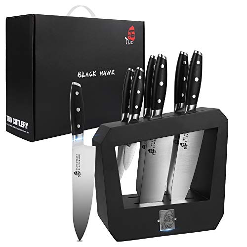 TUO Cutlery Knife Block Set - 7 piece Kitchen Knife Set with Wooden Block, Kitchen Chef Knife Set - Ergonomic Pakkawood Handle - German HC Steel - BLACK HAWK SERIES with Gift Box