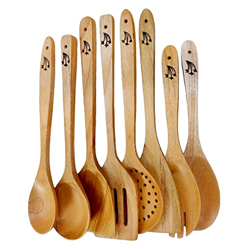 Hashcart Wooden Cooking Utensils Set for Kitchen (Pack of 8) | Nonstick Kitchen Utensil Set Includes Wood Spatula, Serving Spoon for Home & Kitchen Decor | Apartment Essentials for First Apartment