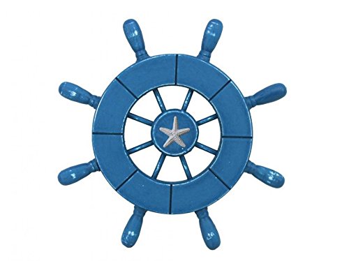 Handcrafted Nautical Decor Rustic All Light Blue Decorative Ship Wheel with Starfish 9" - Wooden Ships Whe