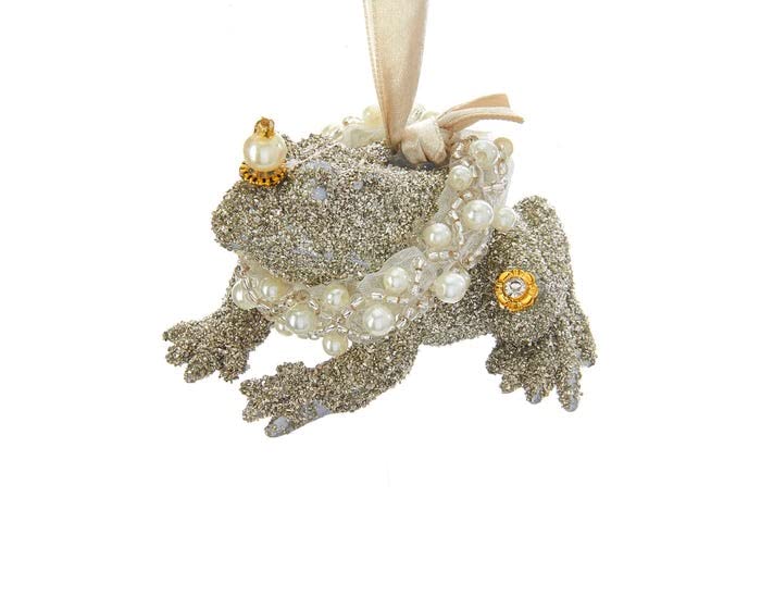 Kurt Adler Vintage Glamour Platinum Glass Glitter Frog Ornament