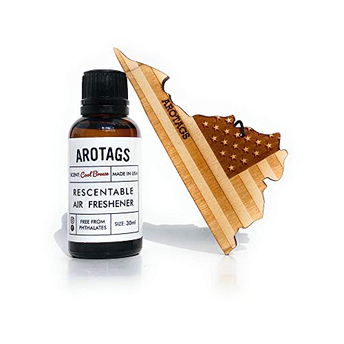 Arotags Virginia Patriot Wooden Car Air Freshener - Long Lasting Cool Breeze Scent Diffuses for 365+ Days - Includes Hanging Mirror Diffuser and Fragrance Oil - 100% American Made