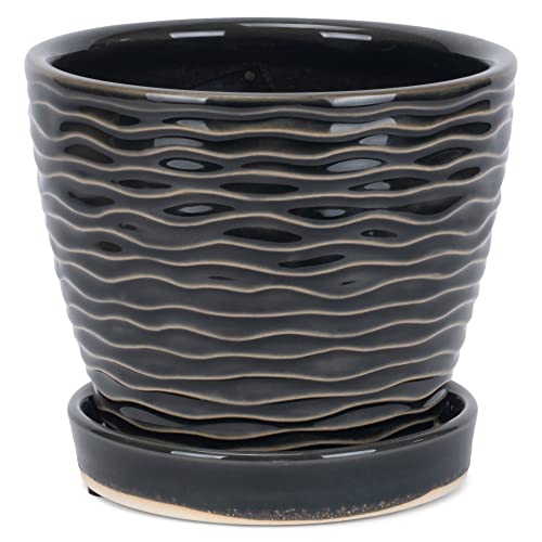 Napco Waves Pattern 4.5 Inch Black and White Ceramic Flower Pot Planter with Saucer