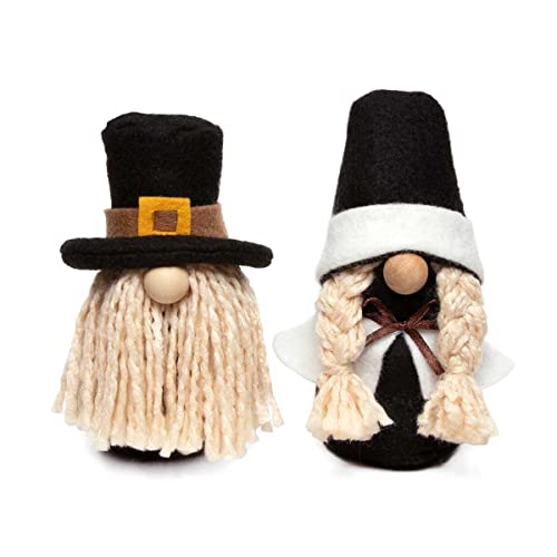 MeraVic Mayflower Friends Gnome with Wood Nose, Beige Yarn Beard and Braids, Buckle Hat and White Cape Boy and Girl, 5 Inches and 5.75 Inches, Set of 2 - Christmas Decoration
