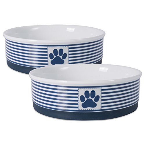 DII Design Bone Dry Paw Patch & Stripes Ceramic Pet Bowl & Canister Collection, Large Bowl Set - 7.5 x 7.5 x 2.4", Nautical Blue, 2 Piece