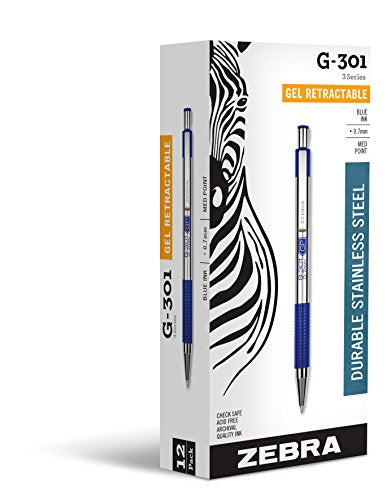 Zebra Pen G-301 Retractable Gel Ink Pen, Stainless Steel Barrel, Medium Point, 0.7mm, Blue Ink, 12-Pack