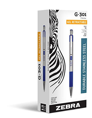 Zebra Pen G-301 Retractable Gel Ink Pen, Stainless Steel Barrel, Medium Point, 0.7mm, Blue Ink, 12-Pack