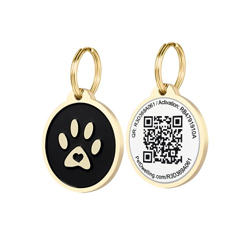 Pet Dwelling 2D QR Code Pet ID Tag - Dog Tags - Cat Tags - Online Pet Profile - Instant Email Alert of Scanned QR Tag Location(Gold Black Paw)