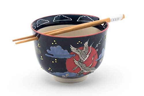 FMC Fuji Merchandise Quality Japanese Ramen Udon Noodle Bowl with Chopsticks Gift Set 5 Inch Diameter (Moon Crane)