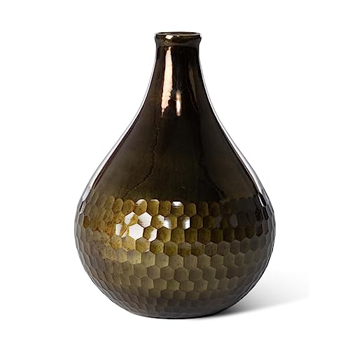 Park Hill Collection Honeycomb Engraved Bottle Vase, Large, 13.75-inch Height, Glass, Patina Green, for Decorative Use, Home, Kitchen, Office, Living Room, Indoor