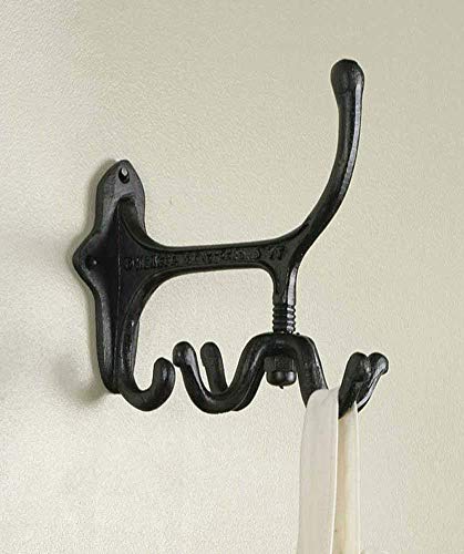 CTW Decorative Cast Iron Metal Spinning Wall Mount Hook for Hanging Jewelry Belts Pet Leashes Coats Cups Mugs Garden Gloves Bags Purses Keys Caps Hats Towels Purses, Rustic Farmhouse Style, Vintage Inspired from 1895 Decor, Black