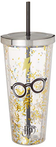 Spoontiques 21320 Harry Potter Glasses Glitter Cup w/Straw, 20 ounces, Gold