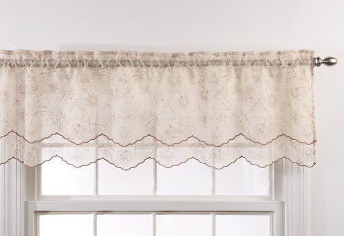 Belle Maison Stylemaster Renaissance Home Fashion Reese Embroidered Sheer Layered Scalloped Valance, 55-Inch by 17-Inch, Bisque