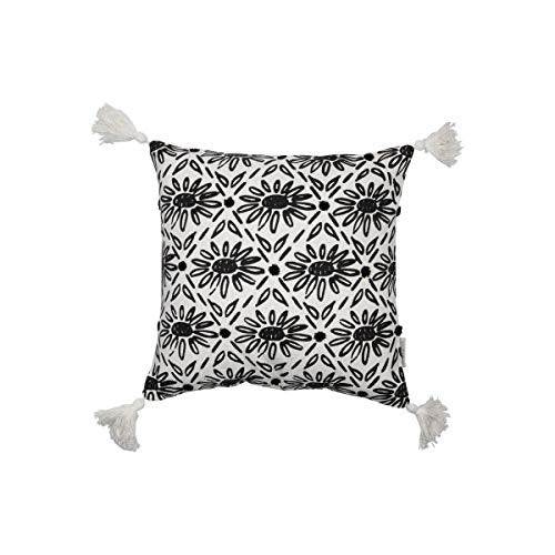 Foreside Home & Garden Black and White Floral Patterned Hand Woven 18 x 18 inch Decorative Cotton Throw Pillow Cover with Insert and Hand Tied Tassels