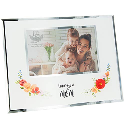 Pavilion Gift Company Love You Mom - 9.25x7.25 Inch Mirrored Glass Floral Easel Back Picture Frame, White