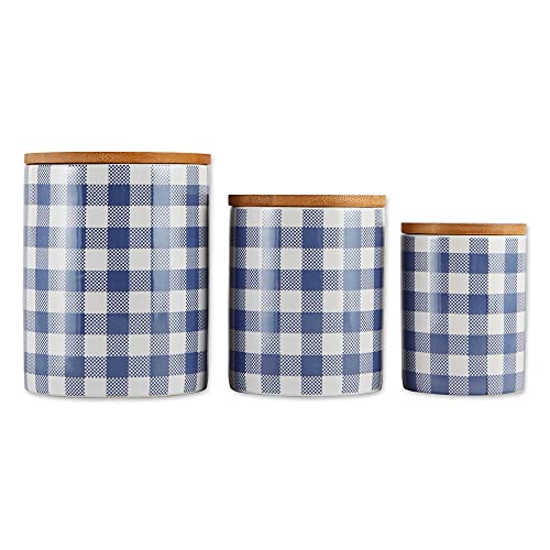 DII Design Ceramic Canister Sets for the Kitchen Food Safe Storage Containers with Lids, Large, Medium & Small, Buffalo Check, Blue & White, 3 Count