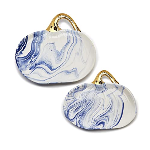 Two's Company Marbled Blue and White Pumpkin Serving Platters with Gold Stem, Set of 2