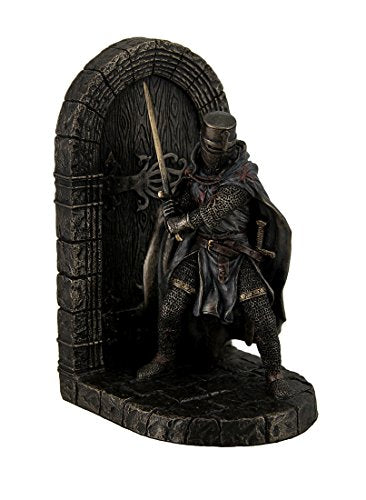 Resin Decorative Bookends Maltese Crusader In Armor Guarding Door Holding Sword Decorative Bookend 4.25 X 7 X 4 Inches Bronze