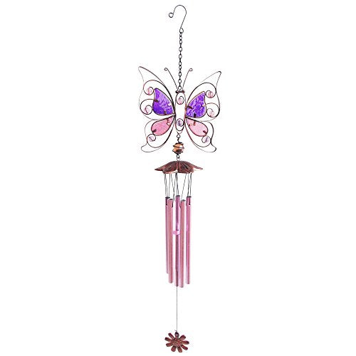 Comfy Hour Travel on Wings Collection 32" Metal Art Butterfly Windchime, Pink Wind Chime, Soothing Sound, Metal