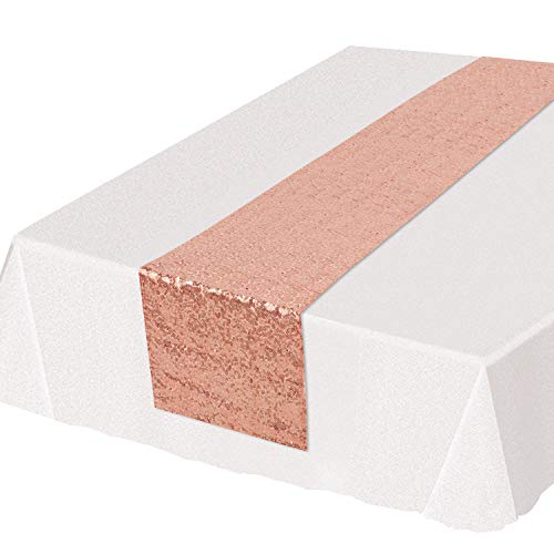 Beistle Sequined Fabric Table Runner Wedding Decorations, Anniversary Tableware, 11.25" x 75", Rose Gold
