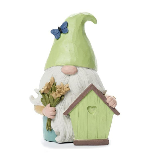 Blossom Bucket Garden Gnome with Green Hat & Birdhouse, 4.25-inch Height, 2.75-inch Diameter, Resin, Outdoor Decor
