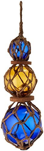 Hampton Iron 3xglass-101 Amber-Blue Japanese Ball Fishing Floats with Brown Netting Decoration 11"-Glass Buoy