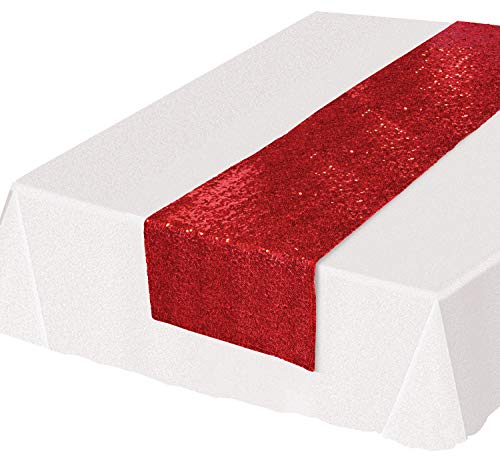 Beistle Sequined Fabric Table Runner Wedding Decorations, Valentine's Day Tableware, Christmas Party Supplies, 11.25" x 75", Red