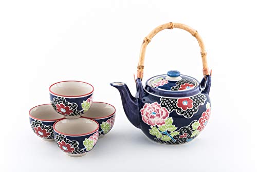 FMC Fuji Merchandise Mira Design Japanese Style 25 fl oz Ceramic Teapot with Rattan Handle and 4 Tea Cups Set