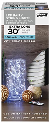 Feit Electric Fairy Light LED 30 Foot, Silver Wire Light Strand, AA Battery or USB Powered