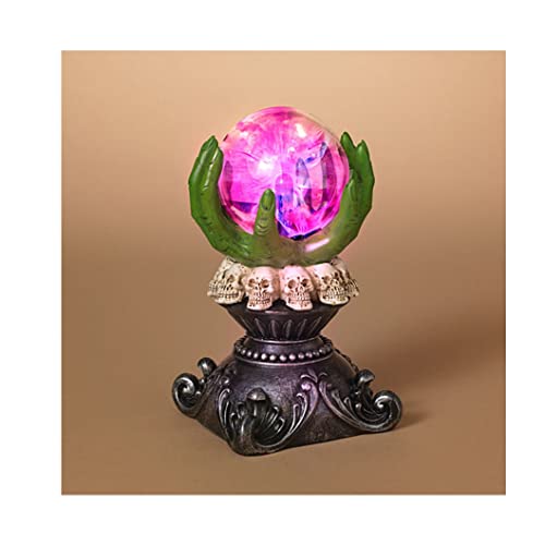 Gerson 2598350 Battery Operated Resin Skeleton and Witch Hands Base with Static Lighted Magic Ball Figurine, 7.87-inch Height