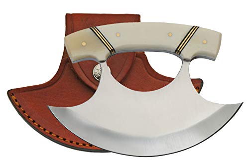 SZCO Supplies 5.5"" Bone Handle Crescent Blade Ulu Knife with Sheath, White