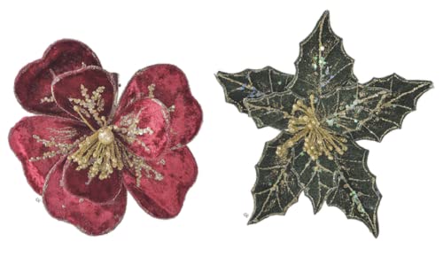 Ganz MX185236 Clip-on Poinsettia and Flower Ornaments, 6.63-inch Height, Set of 2