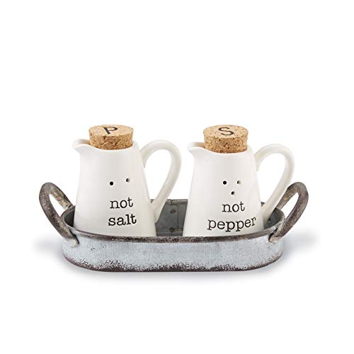 Mud Pie Farmhouse Inspired Ceramic Aluminum Salt and Pepper Caddy Set,Shakers 3" X 2. 25" Diameter; caddy 2. 5" X 6" X 3", White