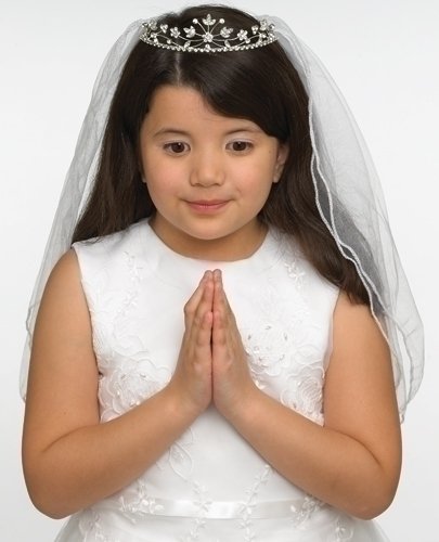 Roman Rhinestone Encrusted Communion Tiara with 22 Inch Double Veil; Style Hannah