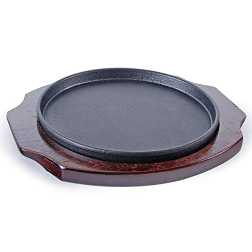 FMC Fuji Merchandise Corp Cast Iron Steak Plate Sizzle Griddle with Wooden Base Steak Pan Grill Fajita Server Plate Household use or Restaurant Supply (Round 9.5" Diameter)