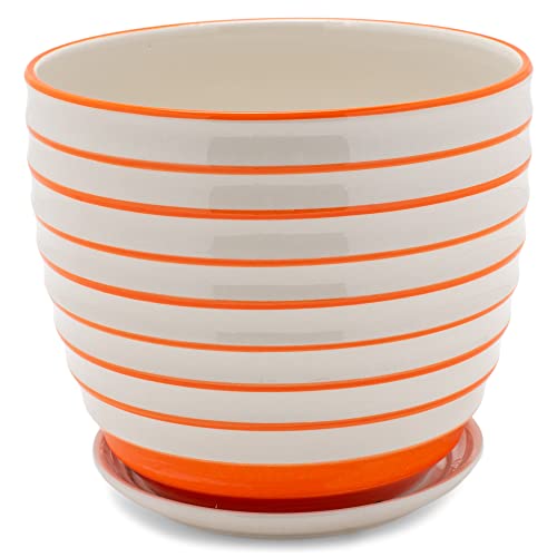 Napco Ribbed Orange and White 5.25 x 6.5 Inch Ceramic Flower Pot Planter with Saucer