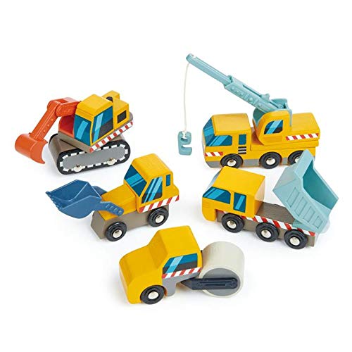 Tender Leaf Toys - Construction Site - Four Heavy Vehicles with Crane Truck, Road Roller, Dump Truck and Front Loader - Build Your Own Construction Site and Develops Fine Motor Skills for Children 3+