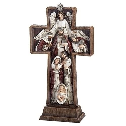 Roman 13.25" White and Brown Nativity Cross Angel Christmas Tabletop Figurine