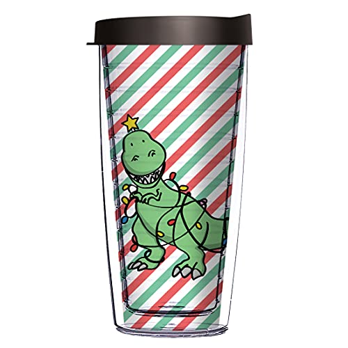 Comfy Hour Christmas Dinosaur and Seasonal Lighting on Stripe Design 16 oz Red & Green Tumbler with Black Lid