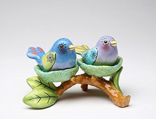 Cosmos Gifts Blue and Purple Bird Salt and Pepper Shaker on Tree Nest Base
