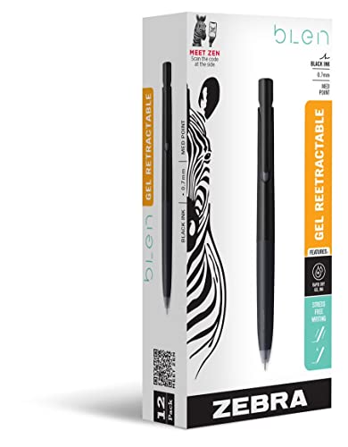 Zebra Pen bLen Retractable Ballpoint Gel Pen, Black Barrel, Medium Point, 0.7mm, Black Ink, 12-Pack (41410)