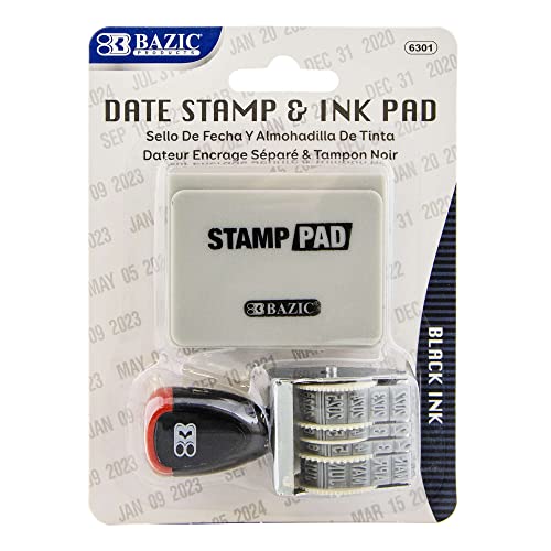 BAZIC Date Stamp and Ink Pad (Black Ink), 12 Years of Dates, Nickel-Plated Steel, Stamp Impression Size 1" x 0.15", Great for Office, Shipping, Receiving, Accounting, Expiration, Due Dates, 1-Pack