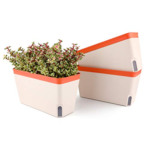 T4U Self Watering Planter Pot Rectangle 10.5 Inch Set of 3, Plastic Plant Pot with Visual Water Level Window Indoor Decorative Garden Flower Pot for Aloe Herb Orchid and Succulent Plants Orange