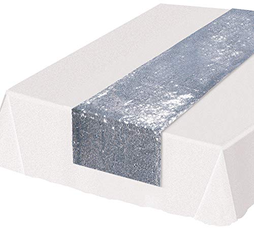 Beistle Sequined Fabric Table Runner Wedding Decorations Anniversary Party Supplies New Year's Eve Tableware, 75" x 11.25", Silver