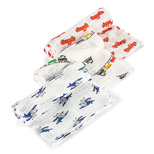 LollyBanks Muslin Swaddle Blanket for Baby Boy |Trucks, Airplanes, and Trains |100% Cotton |New Borns and Infants |Large 47 x 47 inches |Machine Washable