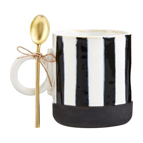 Mud Pie Stoneware Coffee Mug Set, mug 12 oz | spoon 4 1/2", Black Stripe
