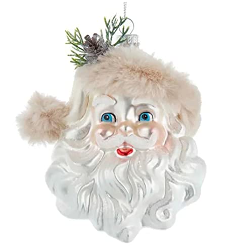 Kurt Adler Glass Santa Head Wearing Ivory Hat Holiday Christmas Ornament